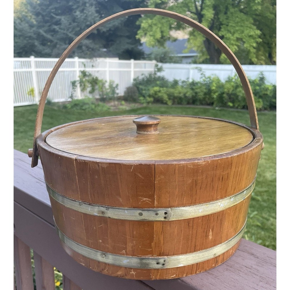 Vintage Wooden Firkin Sugar Bucket Swing Handle Lid 2 Brass Bands 12" Primitive